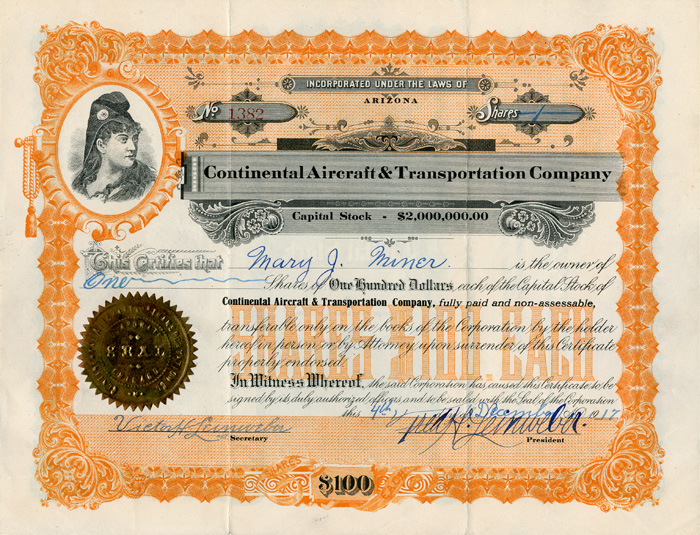 Continental Aircraft and Transportation Co. - Stock Certificate